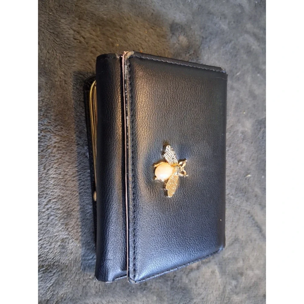 Black Folding Women's Wallet Gold Tone Bee Accent Coin Pocket Animal Theme - Picture 5 of 16